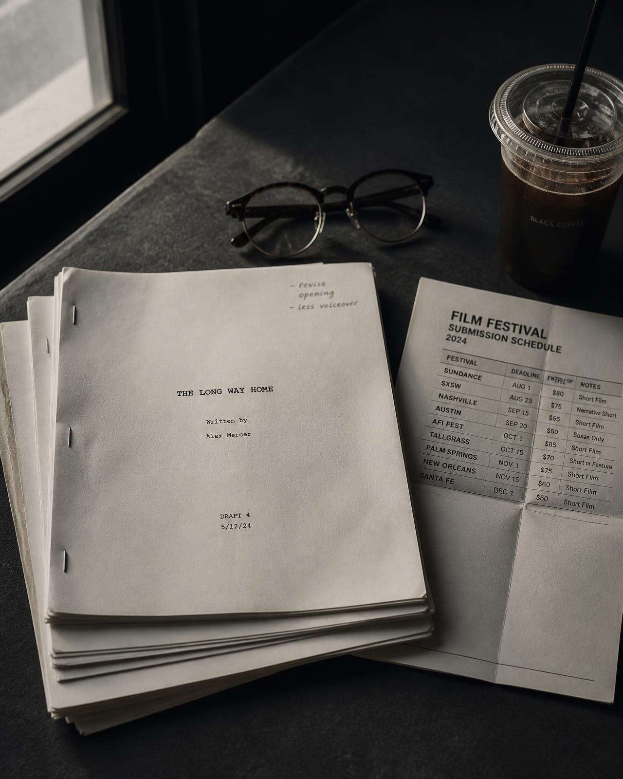 Screenplay drafts and a festival submission schedule on a desk